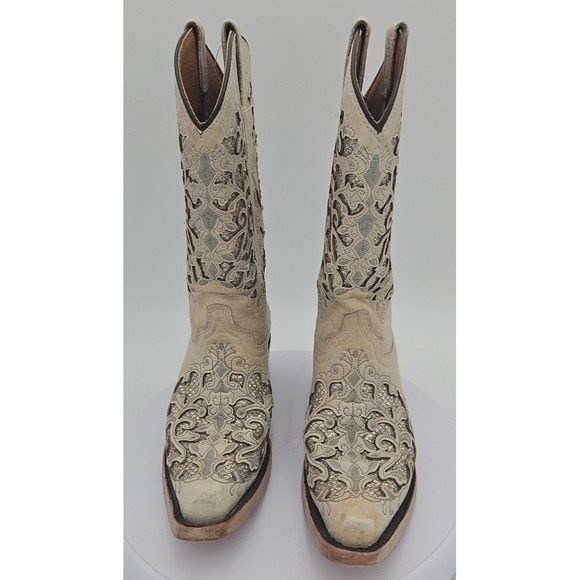 Corral T0021 Cream Glitter Inlay Snip Toe Boots Youth Toddler Wedding Sz 2T *EUC - Picture 4 of 15